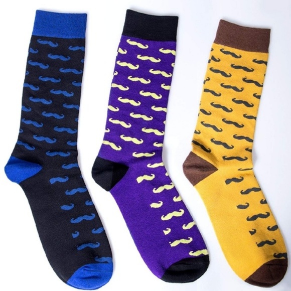 Mens Cotton Blend Crew Mustache Dress Socks 3pk - Picture 2 of 5